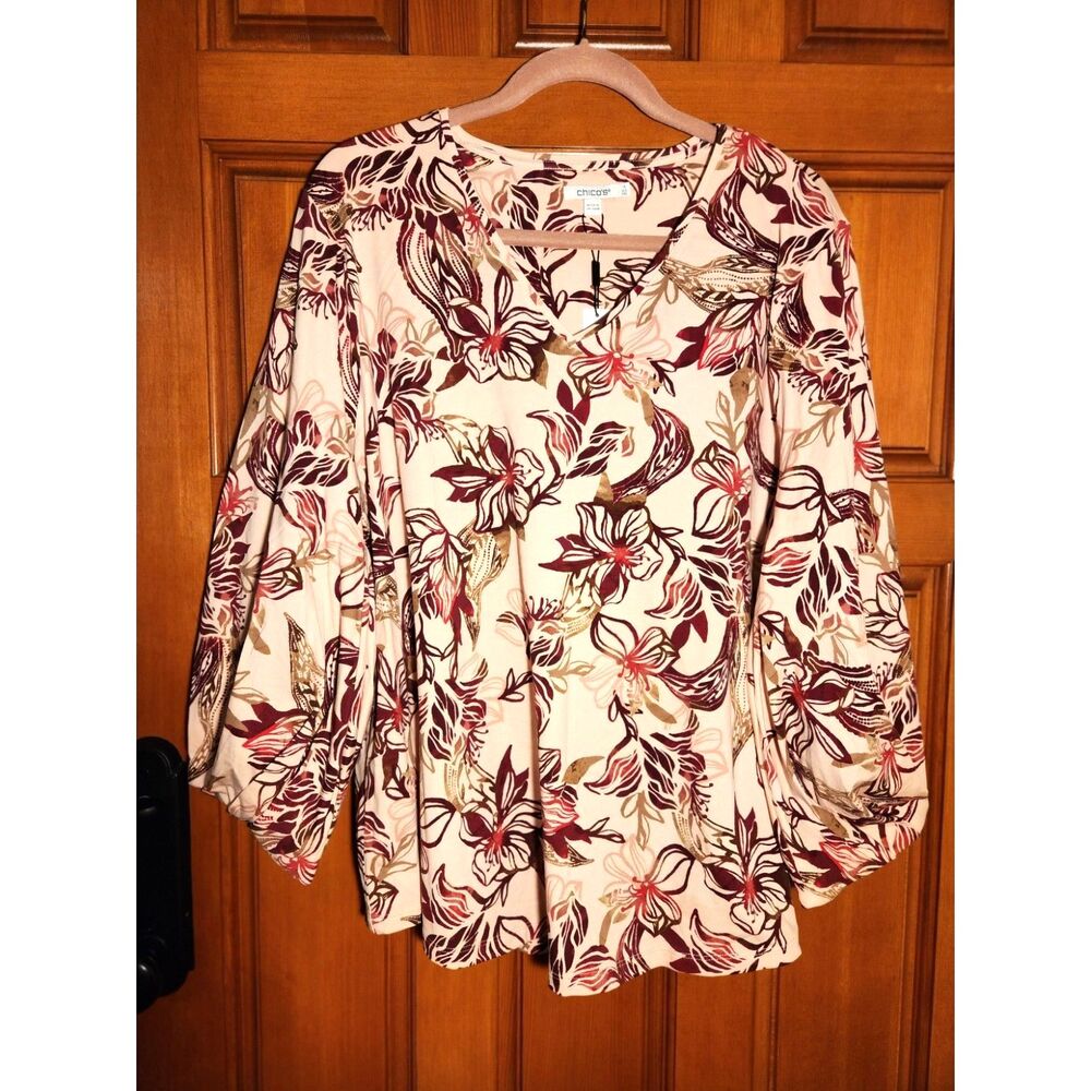 Chico's Pink, Burgundy, Olive Green Floral Top V-Neck Tuck Sleeve Size 2X NWT!